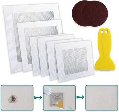 WYIRONG 10 Pack Drywall Repair Kit For Large Holes, 4/6/8 Inch Dry Wall Patch Kits For Erase A Small Nail Hole, Plaster Wall Patching Self Adhesive Aluminum Mesh With Scraper And Sandpaper