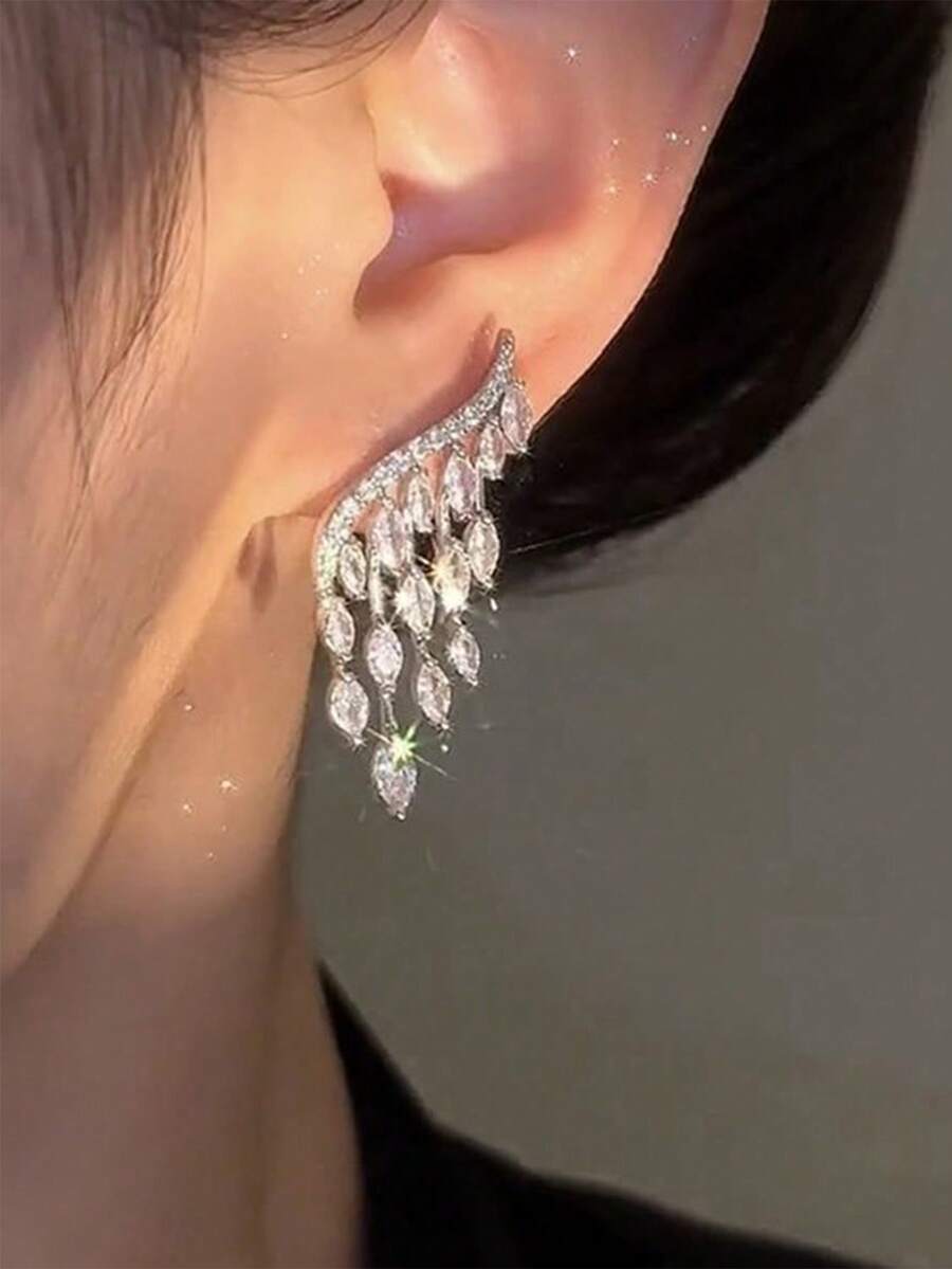 1pair Elegant Cubic Zirconia Designed Angel Wing Design Earrings For Women For Daily Decoration For Party Banquet Wedding,Summer,Jewellery,Festival - Silver - View 1