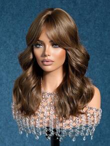 16" Medium Wavy Chestnut Brown Wig With Bangs, Fluffy Heat Resistant Synthetic Wig For Women Daily & Cosplay Party - Brown - View 6