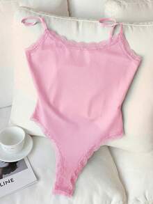 Elegant Casual Women's Pink Polyester Cami Bodysuit With Spaghetti Straps And Contrast Lace Detail - 粉色 - 查看 6