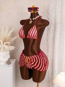 Bộ bikini tam giác buộc dây cổ 3 mảnh kèm áo khoác ngoài – Họa tiết sọc đan móc, chi tiết khóa mây, quần buộc dây bên hông, bộ đồ bơi ba mảnh gợi cảm dành cho nữ, thích hợp cho kỳ nghỉ biển, tiệc bể bơi, đồ bơi mùa hè. - Nhiều màu - Xem 3