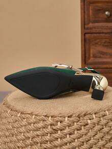 WHDXY Elegant Emerald Green Pointed Toe Heels, Metal Decor Asymmetric Heel, Suitable For Work, Commute, And Evening Occasions - Green - View 7