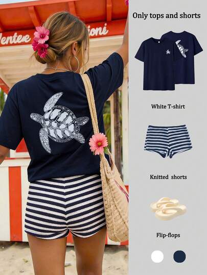 Conjunto de camiseta con estampado de tortuga marina y pantalones cortos de punto a rayas para mujer, con estilo "Grandma Chic", suave y ligero, conjunto casual de 2 piezas, con estética de playa, camiseta de cuello redondo holgado y pantalones cortos acanalados de cintura alta, perfecto para días de playa, vacaciones, paseos por la , brunch y uso casual en verano