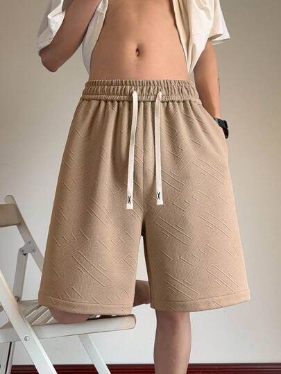 1pc Blueprint Man Men's Shorts, Khaki Textured Knit Drawstring Waist Shorts, 3D Geometric Embossed Texture, Breathable Comfortable Non-Pilling Wrinkle-Resistant Machine/Dry Cleanable Solid Color Casual Shorts, Suitable For Daily, Commute, Vacation Outfit, Men's Gift
