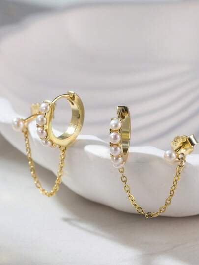 ORSA JEWELS 1 pieza Pendientes de aro de perla de agua dulce de plata esterlina 925 sólida y oro de 14k. Joyería natural, accesorio para la oreja de mujer para boda, fiesta, banquete, regalo de aniversario, moda 2026