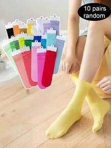 10 đôi tất nữ cổ ngắn viền ren, tất dệt kim gập cổ, siêu mỏng thoáng khí cho mùa hè, phối màu tươi tắn tạo vẻ trẻ trung, độ co giãn cao, thiết kế không gót giúp thoải mái, không gây ma sát. 10 đôi màu ngẫu nhiên, chỉ bán tất, không kèm hộp carton. - Nhiều màu - Xem 12