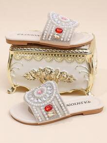 Zapatillas planas con adornos de brillo para niñas - Zapatos de fiesta con lentejuelas brillantes, piedras de colores y perlas - Plateado - Ver 2