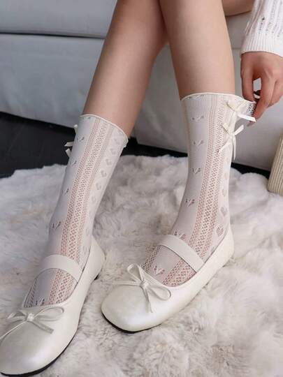 1 Đôi tất nơ cho nữ, tất mỏng ren viền hình trái tim kiểu ba lê, tất lưới mỏng khoét lỗ trang trí ren xếp ly dài đến bắp chân, màu trắng, thoáng khí, đa năng, phù hợp cho mùa thu, tất mỏng trong suốt gợi cảm, hàng mới về, phù hợp cho mọi mùa.