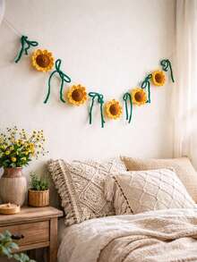 一套向日葵编织花环，波西米亚风墙面装饰花环，适用于客厅、卧室、公寓、宿舍、玄关、厨房、餐厅等家居装饰，配有绿色蝴蝶结，可爱花串装饰，轻盈编织悬挂花环，农舍风格墙面装饰，简约花卉悬挂饰品 - 彩色 - 查看 3