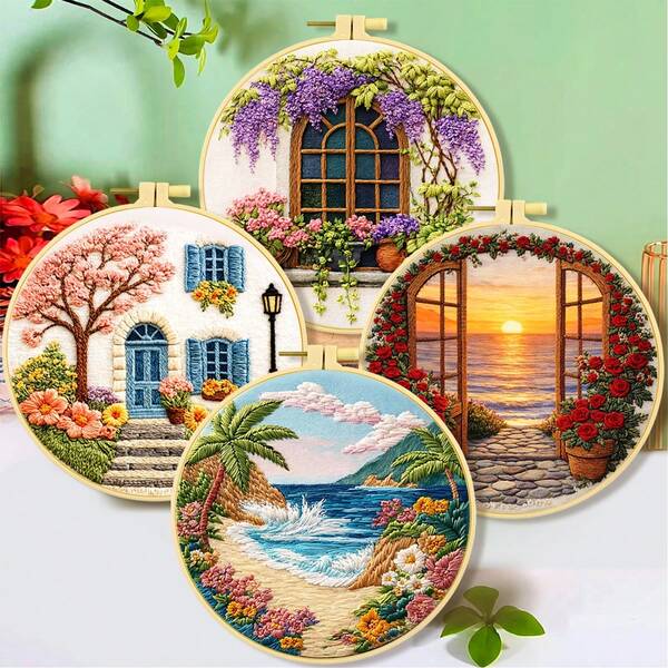 Kit de bordado hecho a mano, patrón de paisaje escénico romántico, bordado de paisaje marino de jardín, decoración del hogar colgante de pared, regalo de artesanía para principiantes para amigos