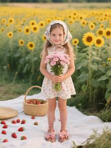 1 Pair Pink Infant/Toddler Girls' Flat Sandals, Black & White Contrast Soft Fabric Strap, Round Toe Elastic Soft Bottom Tie-Up Design, Fashionable Campus/Beach Style Suitable For Daily, School, Vacation, Casual Wear, Spring/Summer New Arrival - Pink - View 2