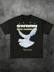 FRACTYR 男士夏季休闲街头励志标语和平鸽印花T恤 | 洛杉矶街头风上衣 - 黑色 - 查看 4