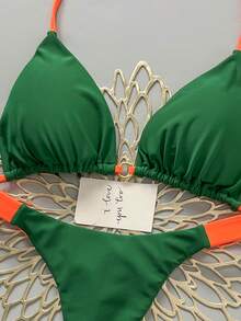 Bộ bikini gợi cảm buộc dây cổ phối màu tương phản dành cho nữ, thích hợp cho kỳ nghỉ hè, đi biển. - màu xanh lá - Xem 6