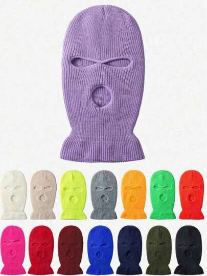 1pc Unisex Y2K Style Candy Color Thick 3-Hole Ski Mask, Balaclava Hat, Face Mask, Outdoor Casual Versatile Winter Warm Beanie Suitable For Commuting
