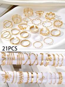 6/23pcs Diamond Encrusted Pearl Twisted Design Ring, Everyday Wear For Women - Yellow Gold - View 9