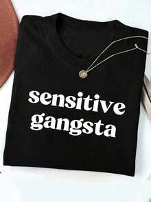 大码女式黑色圆领短袖“敏感黑帮”图案T恤，常规版型高弹面料休闲上衣 - 黑色 - 查看 1