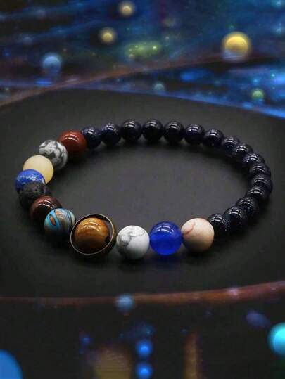 情侣手链，银河系手链，火山岩和玛瑙八行星吊坠手链，百搭饰品