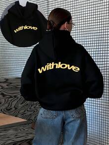 Plus Size Women's Winter Casual Sports Hoodie, A Women's Casual Top With A European And American Ins Style, American Retro Elegance, Fun Design, Simple And Withlove Letter Multi-Print Pattern, Cordless Hooded Pullover With Fleece, Loose And Comfortable Home And Sports, Slimming And Fashionable, Versatile Street Wear, Autumn And Winter Fleece-Lined Beautiful Long-Sleeve Hoodie - Religious Faith Inspired Apparel - Black - View 1