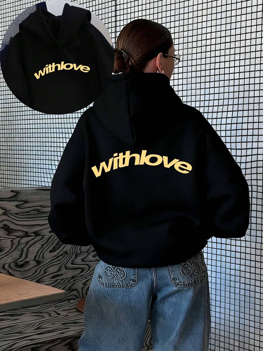 Plus Size Women's Winter Casual Sports Hoodie, A Women's Casual Top With A European And American Ins Style, American Retro Elegance, Fun Design, Simple And Withlove Letter Multi-Print Pattern, Cordless Hooded Pullover With Fleece, Loose And Comfortable Home And Sports, Slimming And Fashionable, Versatile Street Wear, Autumn And Winter Fleece-Lined Beautiful Long-Sleeve Hoodie - Religious Faith Inspired Apparel - Black - View 1