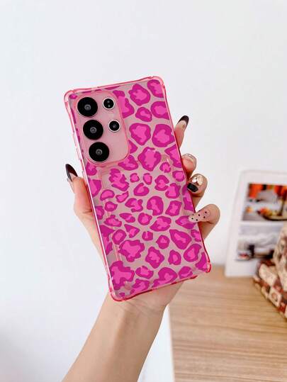 1pc Transparent Pink TPU Four-Corner Anti-Drop Card Holder Case With Leopard Print Pattern, Fashionable Versatile Creative Protective Phone Case Compatible With Apple 6s-17 Pro Max/Mini Plus/Air, A14/A54/A56/A31 4G/A23, Note 8 Pro/14 Pro 4G/12 4G, A98, S24/S25 Ultra, 15 Pro Ultra/17 Pro Max