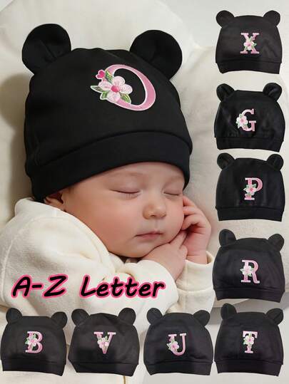 1pc Newborn Cute Bear Ear Floral Letter Beanie - Black A-Z Custom Cap Pink Flower Embroidery Soft Cap Infant Daily Headwrap