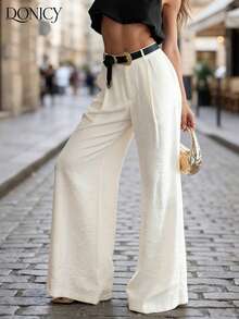 DONICY Quần dài nữ dáng rộng, màu be trơn, thích hợp cho công sở, du lịch và mùa hè. - Màu be - Xem 7