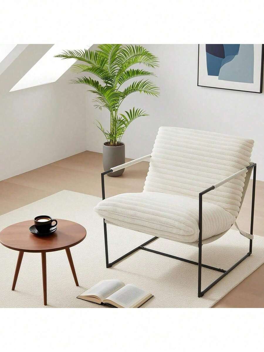 Silla de Accento para Sala de Estar, Silla tapizada con Tela Duradera con marco de metal moderno, Silla de salón de tela de corduro/lino para el dormitorio, Sala de estar, Sala de lectura - Pana beige - Ver 1