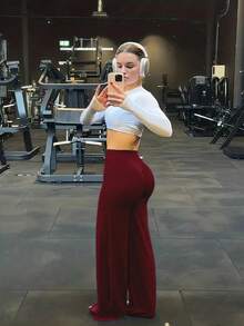 高腰喇叭瑜伽裤，提臀，弹力宽松喇叭裤腿运动裤，可机洗，女士款，阔腿裤，直筒裤，健身，夏季，春季女装，春季 - 酒紅色 - 查看 3