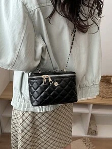 2026新款菱形刺绣链条手提包，女士个性化盒形包，休闲单肩斜挎化妆包/相机包 - 黑色 - 查看 6