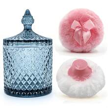 Luxury 4 Inch Glass Powder Container With 2 Soft Puffs For Loose Powder - 1 Handle 1 Bow Pink Puffs With Pointed Cylinder-gray Blue-large - View 12