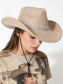 1 pieza Sombrero de vaquero de ante retro con diamante de imitación, cordón ajustable, adecuado para festivales de música, fiestas y actividades al aire libre - sombrero de copa - Ver 3