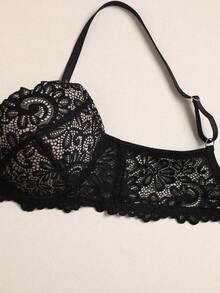 性感无钢圈蕾丝文胸，浪漫法式聚拢提拉无缝迷人吊带文胸，柔软透气 - 黑色 - 查看 9