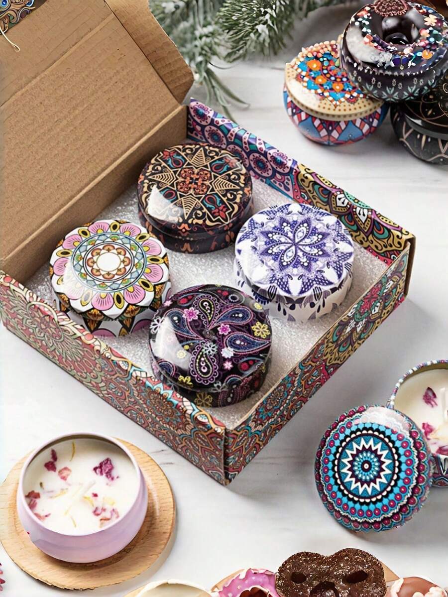 4支装香氛蜡烛礼盒，大豆蜡烛罐，香薰蜡烛，营造浪漫氛围，是婚礼、节日或感谢礼品的理想之选，也是完美的家居和卧室装饰、家居香氛、婚礼装饰、家居装饰、斋月礼品。