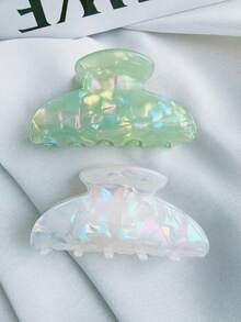 2pcs White & Green Mermaid Marble Pattern Semicircle Hair Clips, Elegant High-End Suitable For Balls, Parties, Tea Parties - Multicolor - View 1