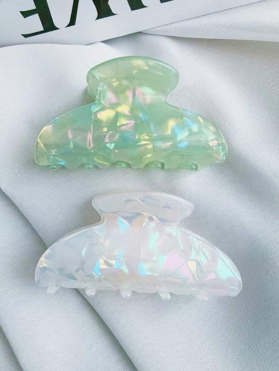 2pcs White & Green Mermaid Marble Pattern Semicircle Hair Clips, Elegant High-End Suitable For Balls, Parties, Tea Parties - Multicolor - View 1