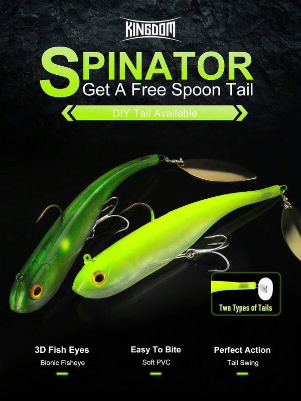  Isca artificial KINGDOM SPINATOR, 150mm, 47g, afundante, em PVC biônico, com 2 caudas substituíveis: cauda em formato de colher e cauda em formato de placa de plástico. Ideal para pesca em água salgada e doce, tanto em barcos quanto em margens.