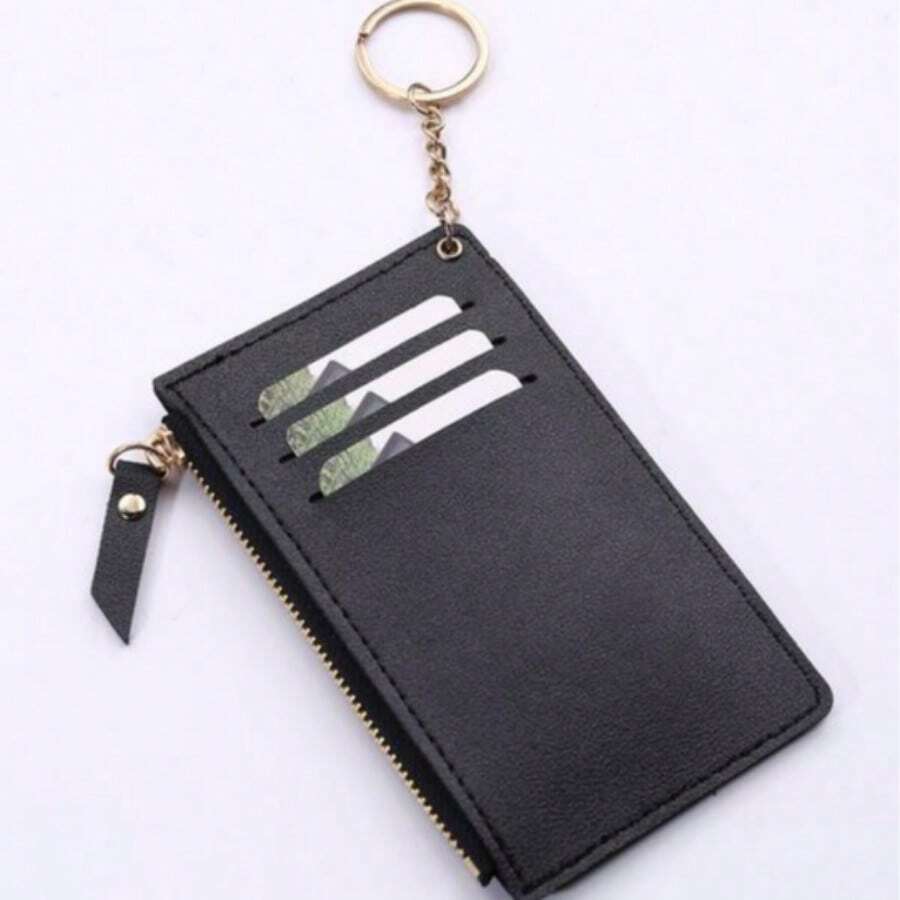 Zipper Card Holder With Keychain, Suitable As Gift For Boyfriend - Black - View 1