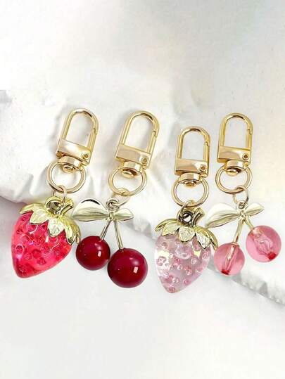 1pc/2pcs Realistic Resin Fruit Strawberry Cherry Keychain, Cute Portable Strawberry Cherry Bag Charm, Pink/Red Strawberry Cherry Keyring Pendant, Wallet Charm, Backpack Decoration