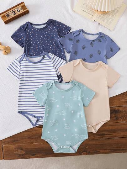 Bộ 5 món áo liền quần tay ngắn cổ tròn cho bé trai sơ sinh, họa tiết hoạt hình dễ thương, kiểu dáng đa năng, phù hợp cho mọi mùa.