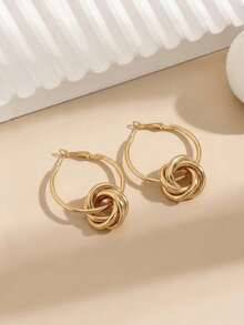 1对新款创意极简时尚优雅几何丝带造型不对称吊坠耳环，适合日常佩戴和外出场合。 - 金黃色 - 查看 3