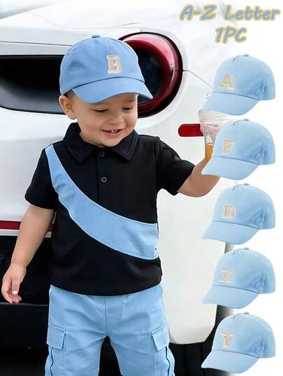 1顶可调节浅蓝色儿童遮阳帽，刺绣字母棒球帽，柔软透气，防紫外线，适合户外玩耍、日托、旅行和日常穿着，适合0-3岁儿童。