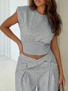 Camiseta casual de mujer de unicolor, con hombros acolchados, cuello redondo, manga corta, bajo acanalado, estilo callejero básico clásico (YY1191) para verano - Gris - Ver 3