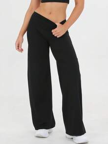 Women's Spring And Summer High Waisted Sports And Leisure Yoga Outdoor Wide Leg Pants, High Waisted Design, Loose Hanging, Daily Slimming, Versatile Solid Color, Suitable For Outdoor Sports, Fitness Yoga, Commuting, And Street Wear - 黑色 - 查看 3