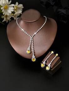 Bộ 3 dây chuyền pha lê kiểu tua rua giọt nước thời trang dành cho cô dâu và nữ, bộ trang sức thanh lịch phù hợp cho đám cưới, váy dạ hội cao cấp và các buổi tiệc sang trọng. - Hoa tai + Dây chuyền - Xem 9