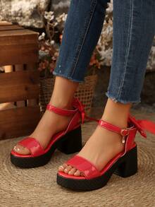 2026 Summer New Women's Sandals, One-Strap Buckle Bowknot High Heel Thick Sole Roman Casual Sandals - Red - View 2