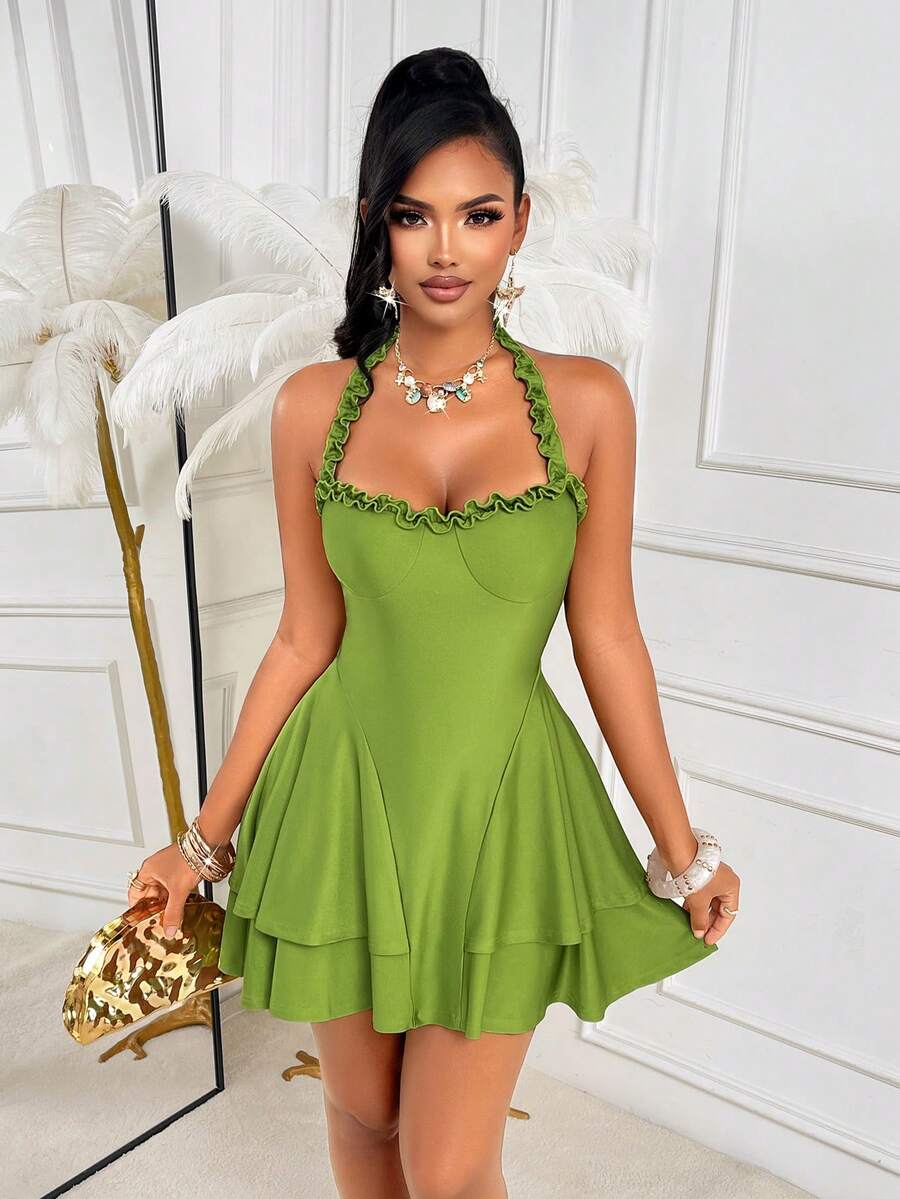 AIJ Vestido corto de verano para mujer con volantes en los tirantes, vestido casual sexy para vacaciones, fiestas y carnavales - verde - Ver 1
