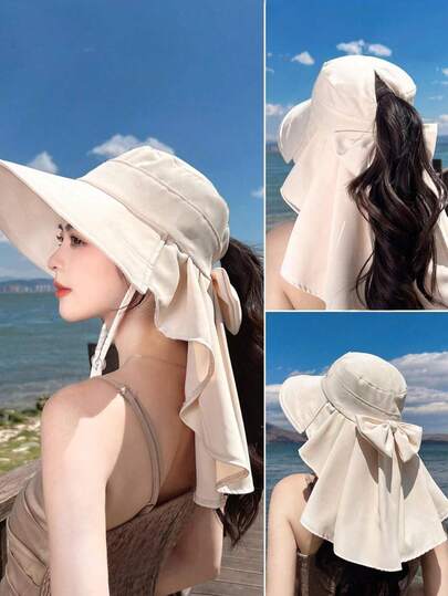 1pc Korean Style Wide Brim Sun Hat With Detachable Shawl, Elegant Bohemian Design, Lightweight Breathable Polyester Fabric, UPF 50+ UV Protection, Comfortable All-Day Wear