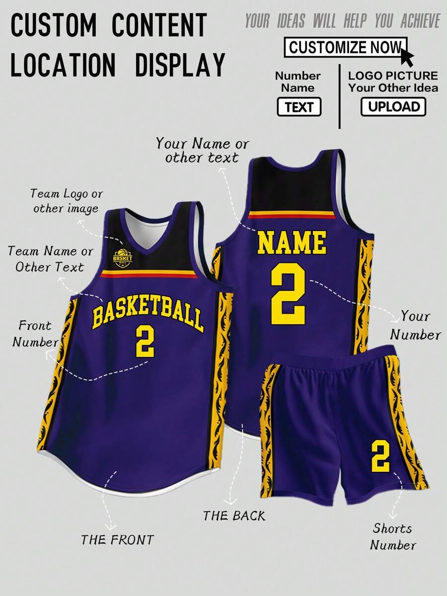 Set Jersey Basket 2 Potong yang Dipersonalisasi - Atasan Tanpa Lengan + Celana Pendek dengan Nama, Nomor, dan Logo Tim yang Dicetak Sesuai Pesanan, Hadiah Hari Ayah, Cocok untuk Olahraga/Mendaki - Purple - View 1