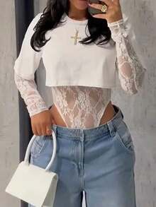 Women's Sexy Sheer Lace Short Sleeve Crop Top, Solid Color Lace Patchwork See-Through Sexy Bodysuit For Daily Wear, Dating, Single Party, Stage Performance, Spring/Summer Pink - 白色 - 查看 5