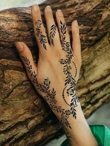 1pc Fashion Simple Henna Tree Leaf, Flower And Vine Hand Art Temporary Tattoo, Safer Can Last 7-14 Days - 黑色 - 查看 3